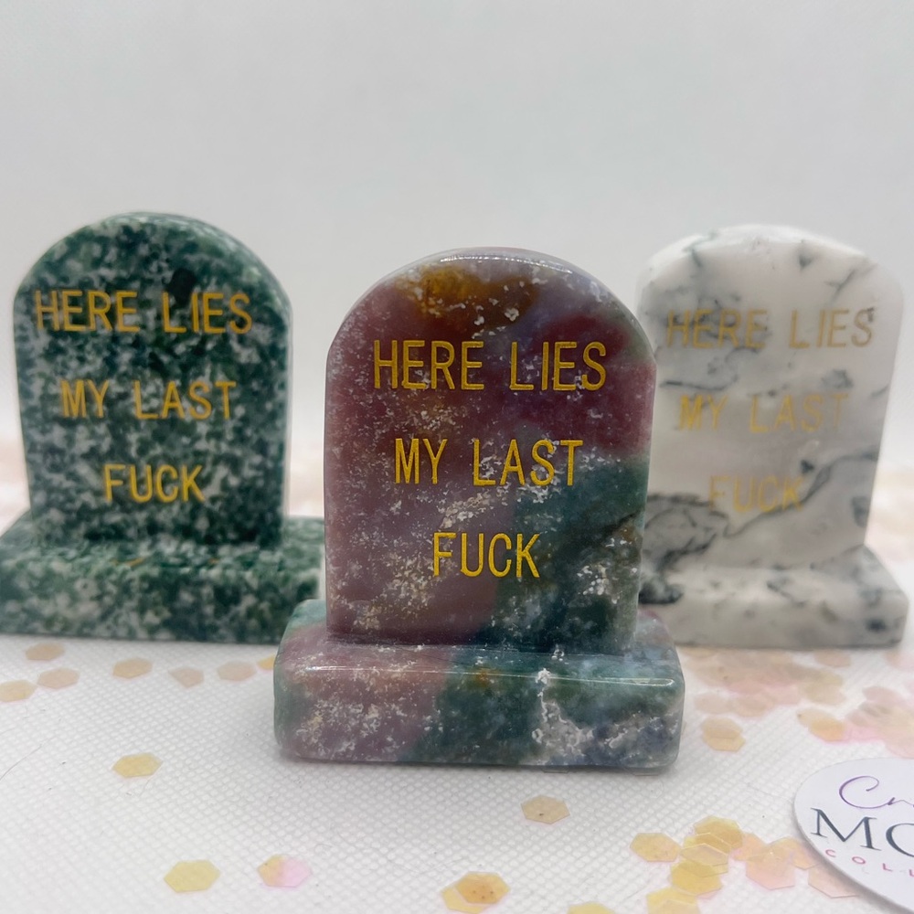 “My Last F***” 🪦 Crystal Carvings - Ocean Jasper, Qinghai Jade, Tree Agate